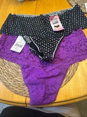 Hanky Panky Black Polka Dot Retro Plus size Thong & Purple Lace Retro Thong NWT